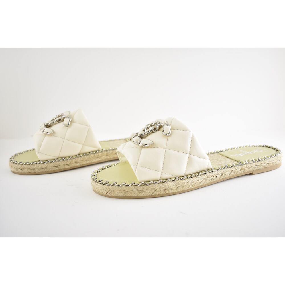 Chanel 25P Ivory Quilted Leather Chain CC Logo Slide Sandal Espadrille Flat 41 - Picture 15 of 16